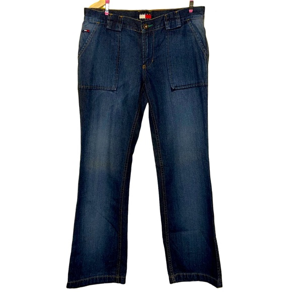 Tommy Jeans Navy Flare Med Wash Flip Button Back Pocket Size 7 Juniors Y2K - Picture 1 of 8